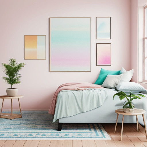 A cozy bedroom with soft pastel tones